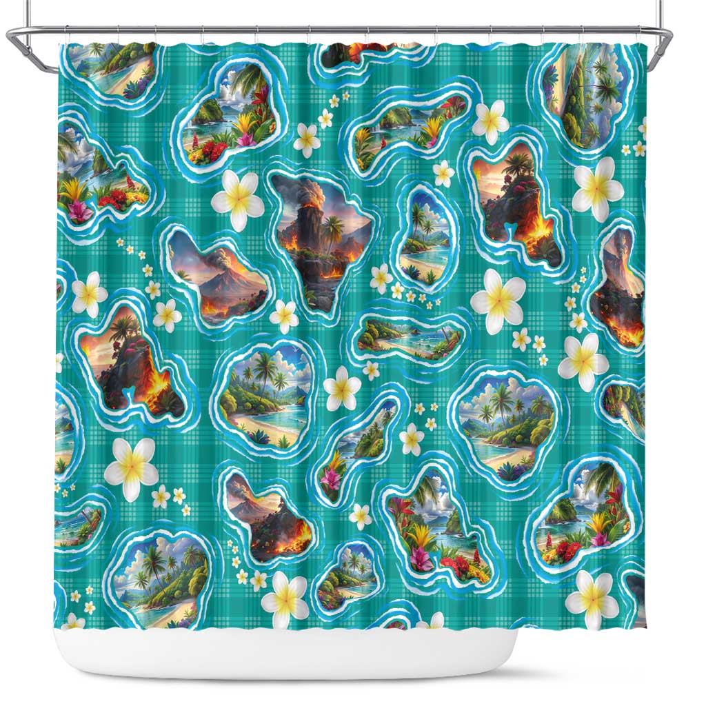 Hawaii Map with Plumeria Flower and Palaka Pattern Shower Curtain Tropical Island Teal Design