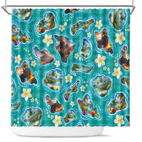 Hawaii Map with Plumeria Flower and Palaka Pattern Shower Curtain Tropical Island Teal Design