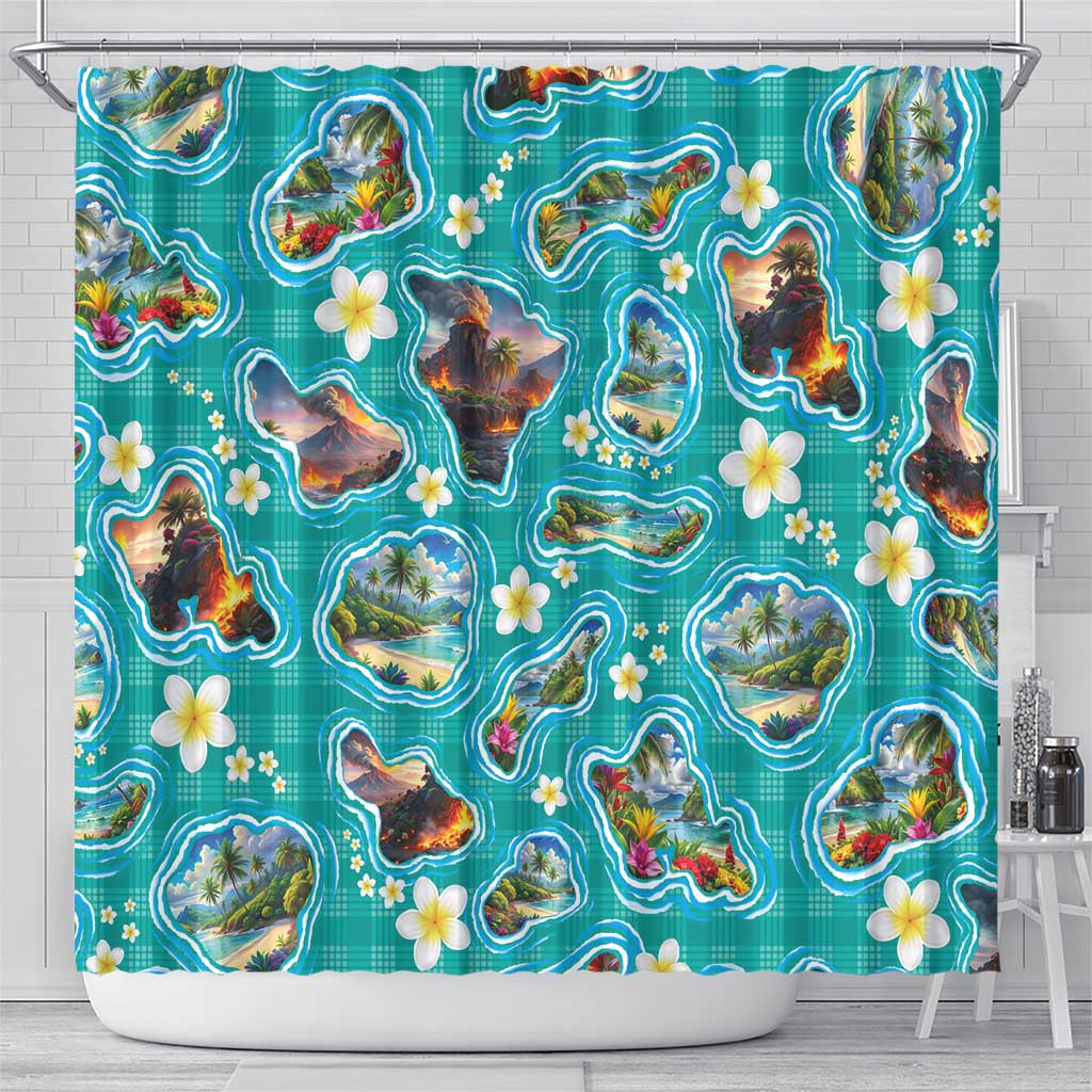 Hawaii Map with Plumeria Flower and Palaka Pattern Shower Curtain Tropical Island Teal Design