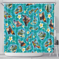Hawaii Map with Plumeria Flower and Palaka Pattern Shower Curtain Tropical Island Teal Design