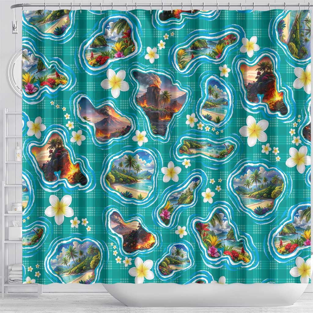 Hawaii Map with Plumeria Flower and Palaka Pattern Shower Curtain Tropical Island Teal Design