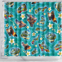 Hawaii Map with Plumeria Flower and Palaka Pattern Shower Curtain Tropical Island Teal Design