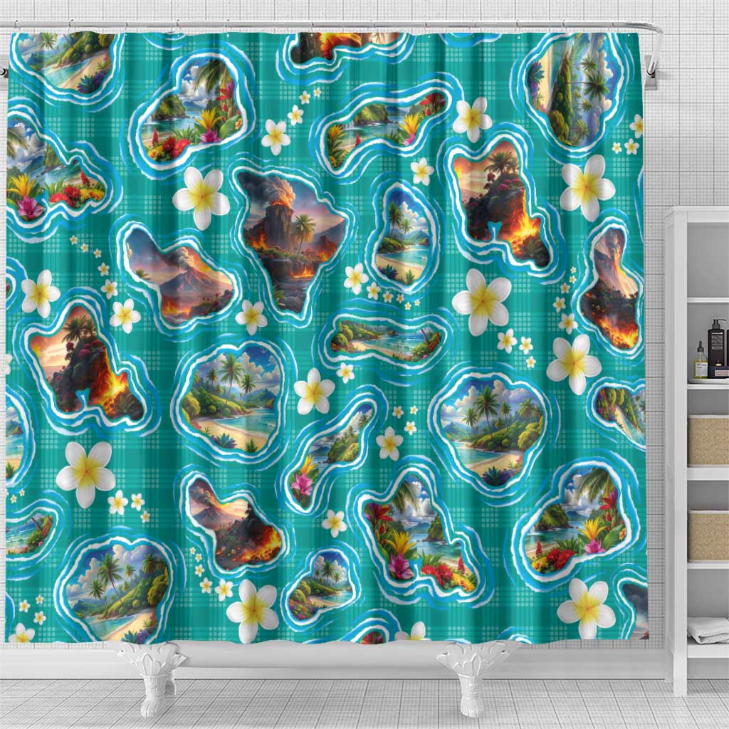 Hawaii Map with Plumeria Flower and Palaka Pattern Shower Curtain Tropical Island Teal Design