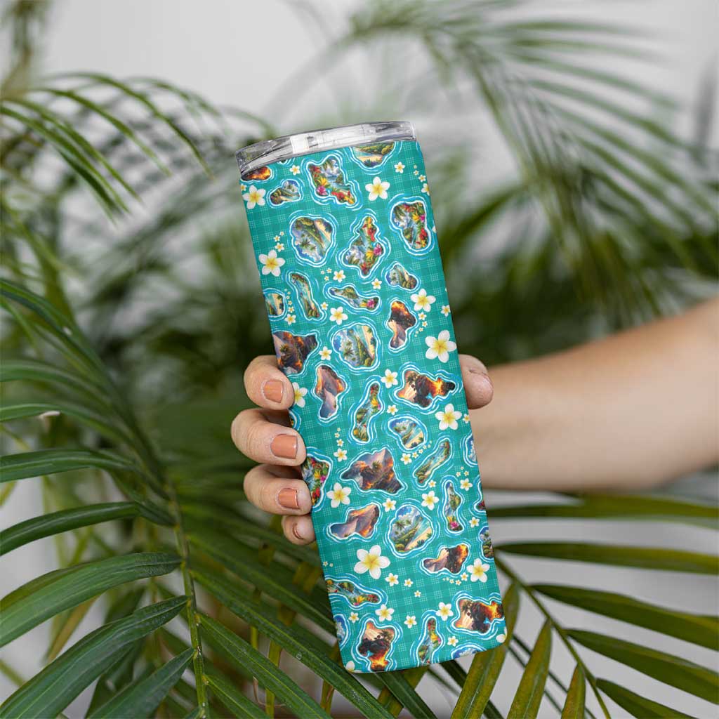 Hawaii Map with Plumeria Flower and Palaka Pattern Skinny Tumbler Tropical Island Teal Design