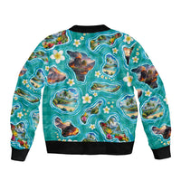 Hawaii Map with Plumeria Flower and Palaka Pattern Sleeve Zip Bomber Jacket Tropical Island Teal Design