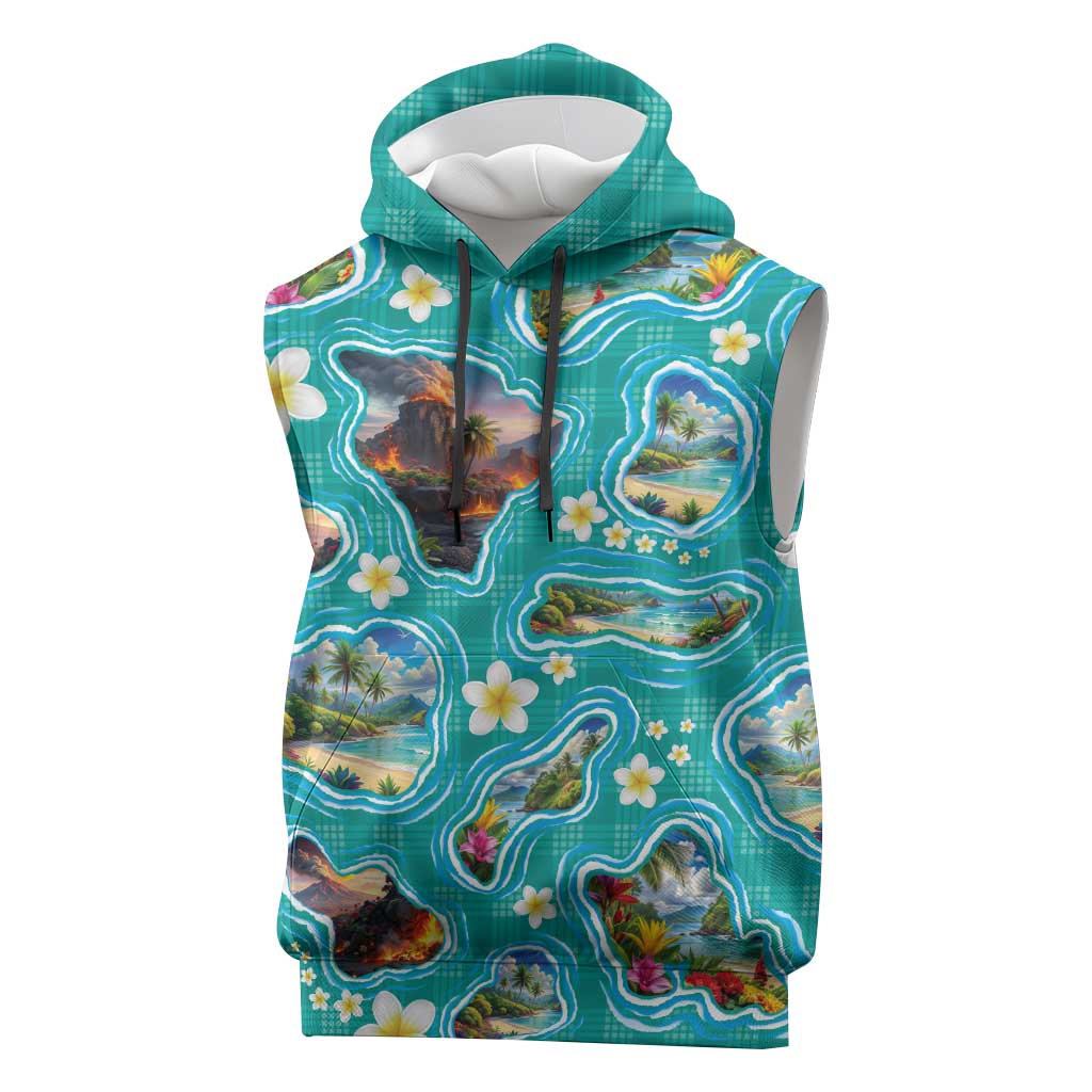 Hawaii Map with Plumeria Flower and Palaka Pattern Sleeveless Hoodie Tropical Island Teal Design