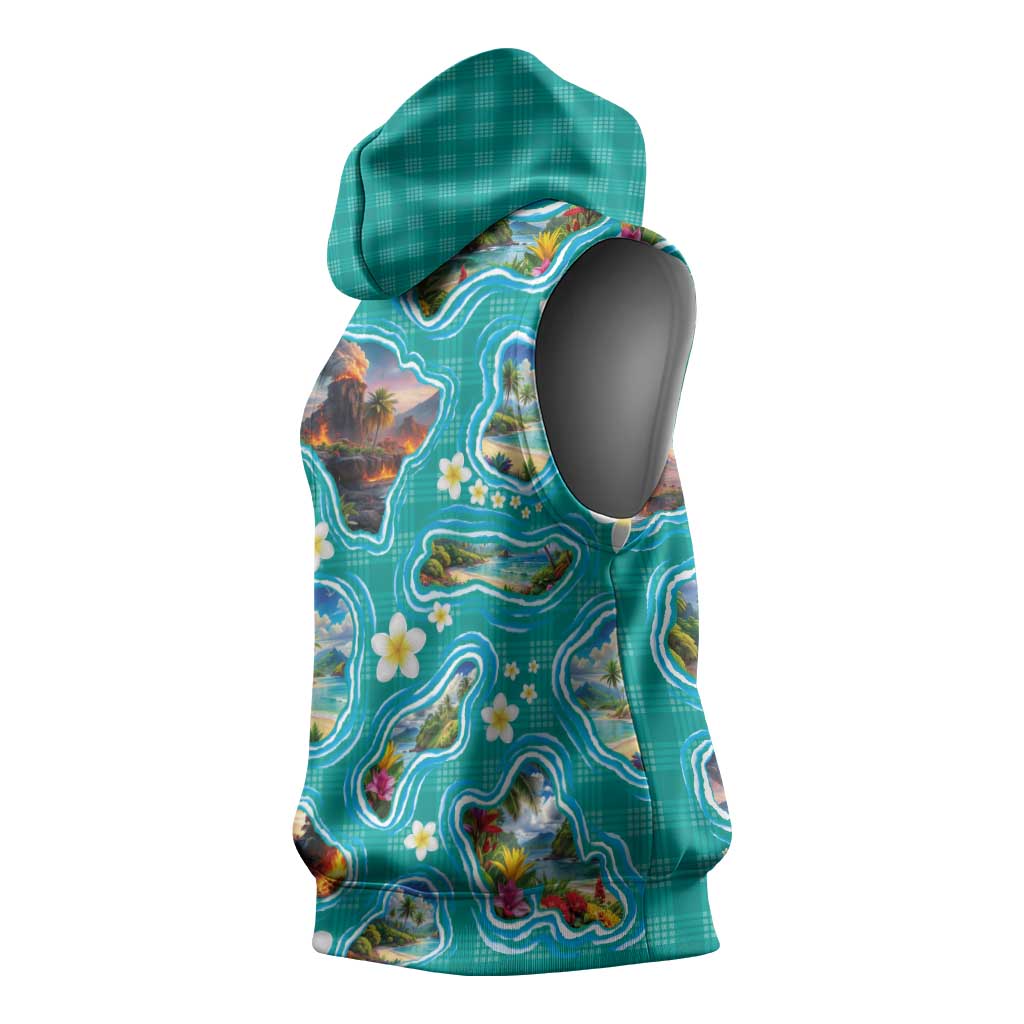 Hawaii Map with Plumeria Flower and Palaka Pattern Sleeveless Hoodie Tropical Island Teal Design