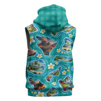 Hawaii Map with Plumeria Flower and Palaka Pattern Sleeveless Zip Hoodie Tropical Island Teal Design