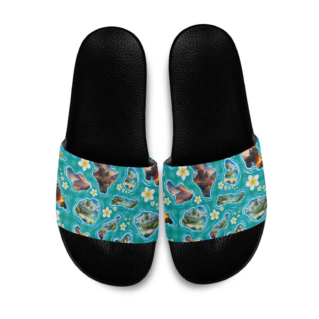 Hawaii Map with Plumeria Flower and Palaka Pattern Slide Sandals Tropical Island Teal Design