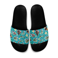 Hawaii Map with Plumeria Flower and Palaka Pattern Slide Sandals Tropical Island Teal Design