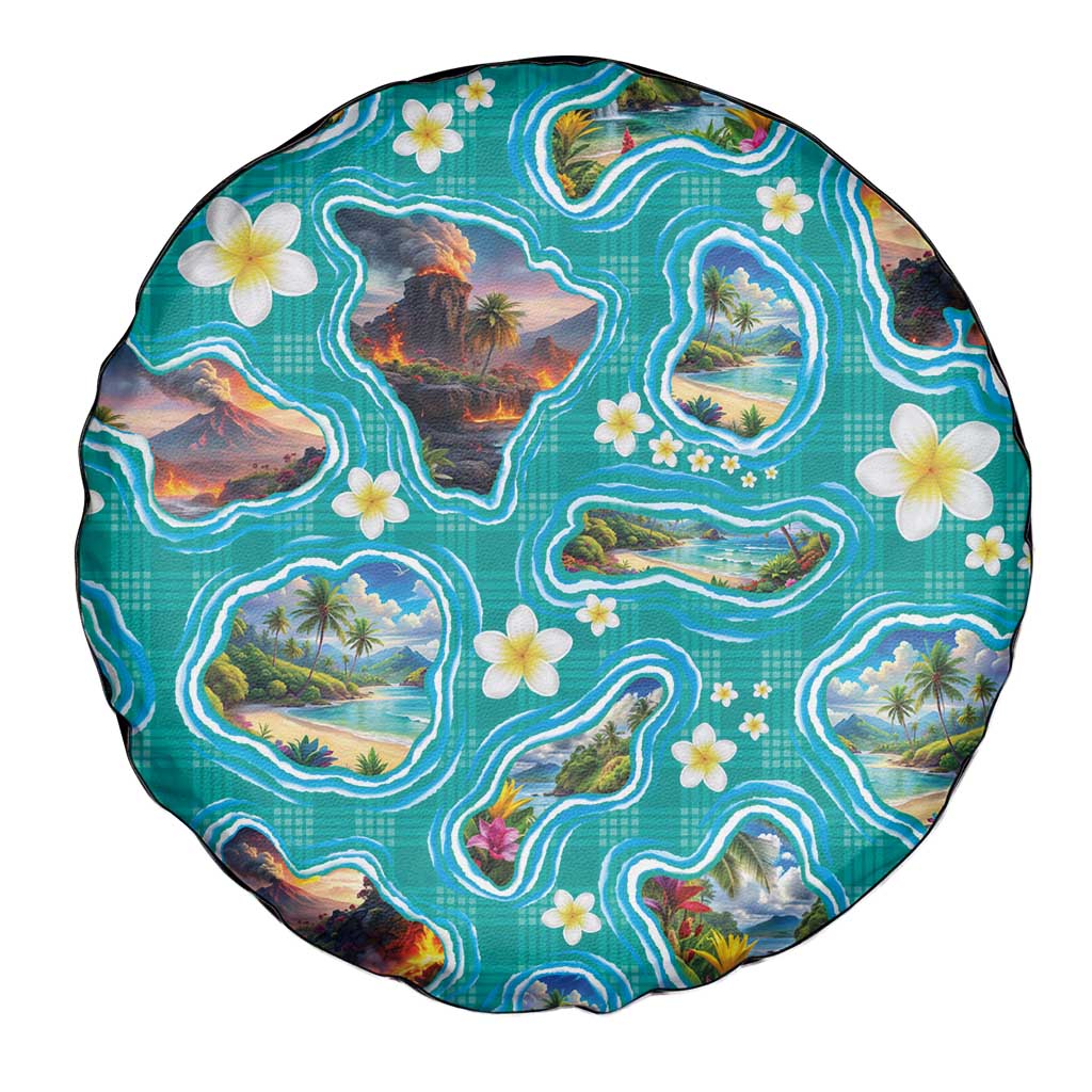 Hawaii Map with Plumeria Flower and Palaka Pattern Spare Tire Cover Tropical Island Teal Design