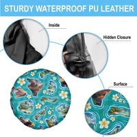 Hawaii Map with Plumeria Flower and Palaka Pattern Spare Tire Cover Tropical Island Teal Design