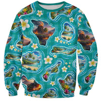 Hawaii Map with Plumeria Flower and Palaka Pattern Sweatshirt Tropical Island Teal Design