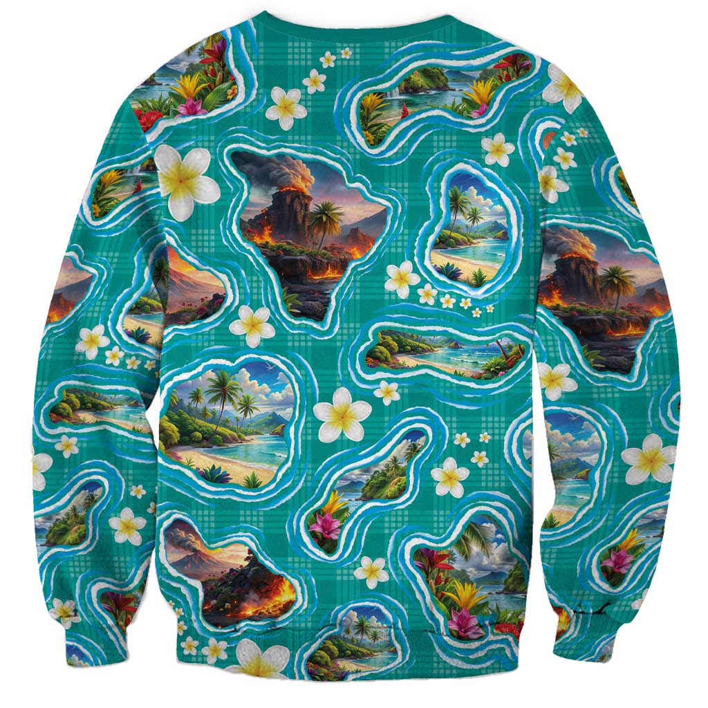 Hawaii Map with Plumeria Flower and Palaka Pattern Sweatshirt Tropical Island Teal Design