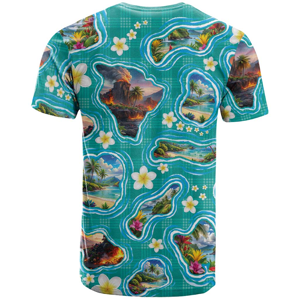 Hawaii Map with Plumeria Flower and Palaka Pattern T Shirt Tropical Island Teal Design