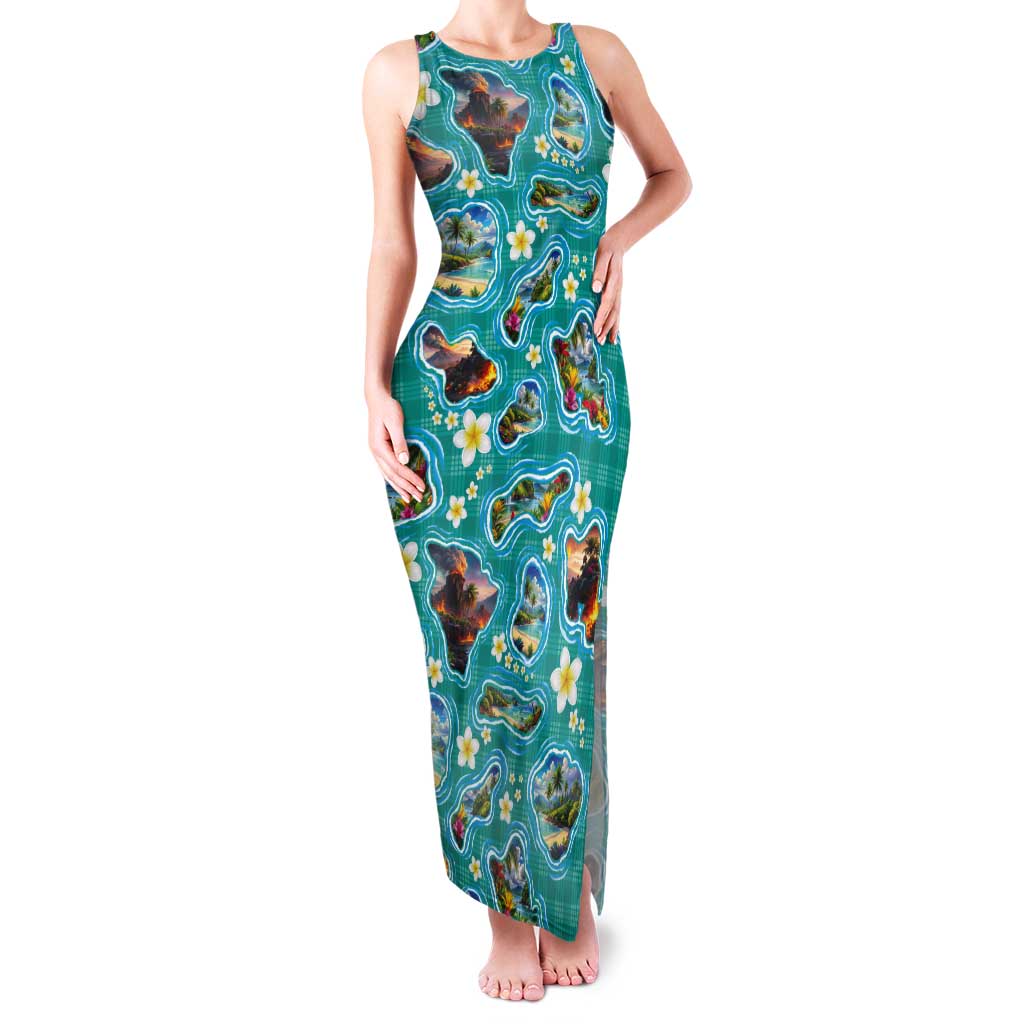 Hawaii Map with Plumeria Flower and Palaka Pattern Tank Maxi Dress Tropical Island Teal Design