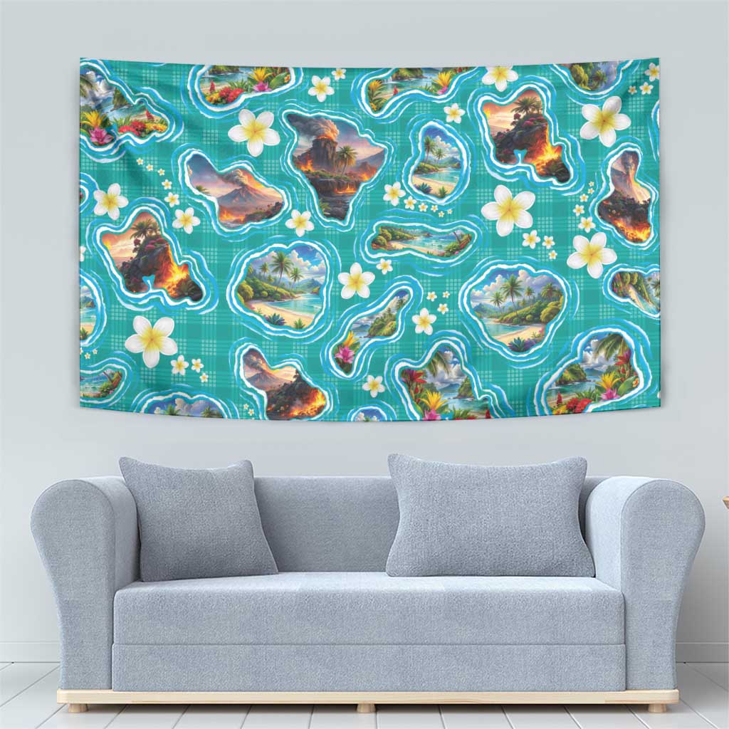 Hawaii Map with Plumeria Flower and Palaka Pattern Tapestry Tropical Island Teal Design