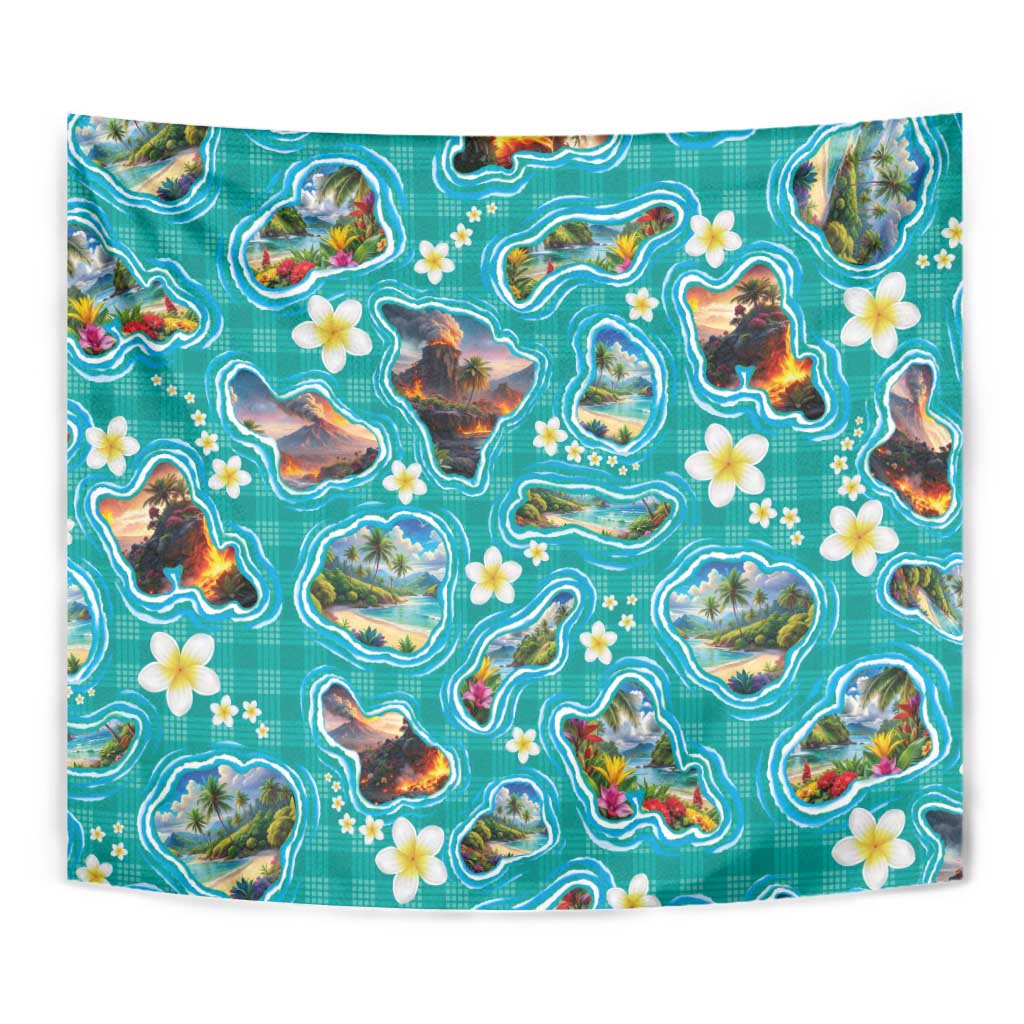 Hawaii Map with Plumeria Flower and Palaka Pattern Tapestry Tropical Island Teal Design