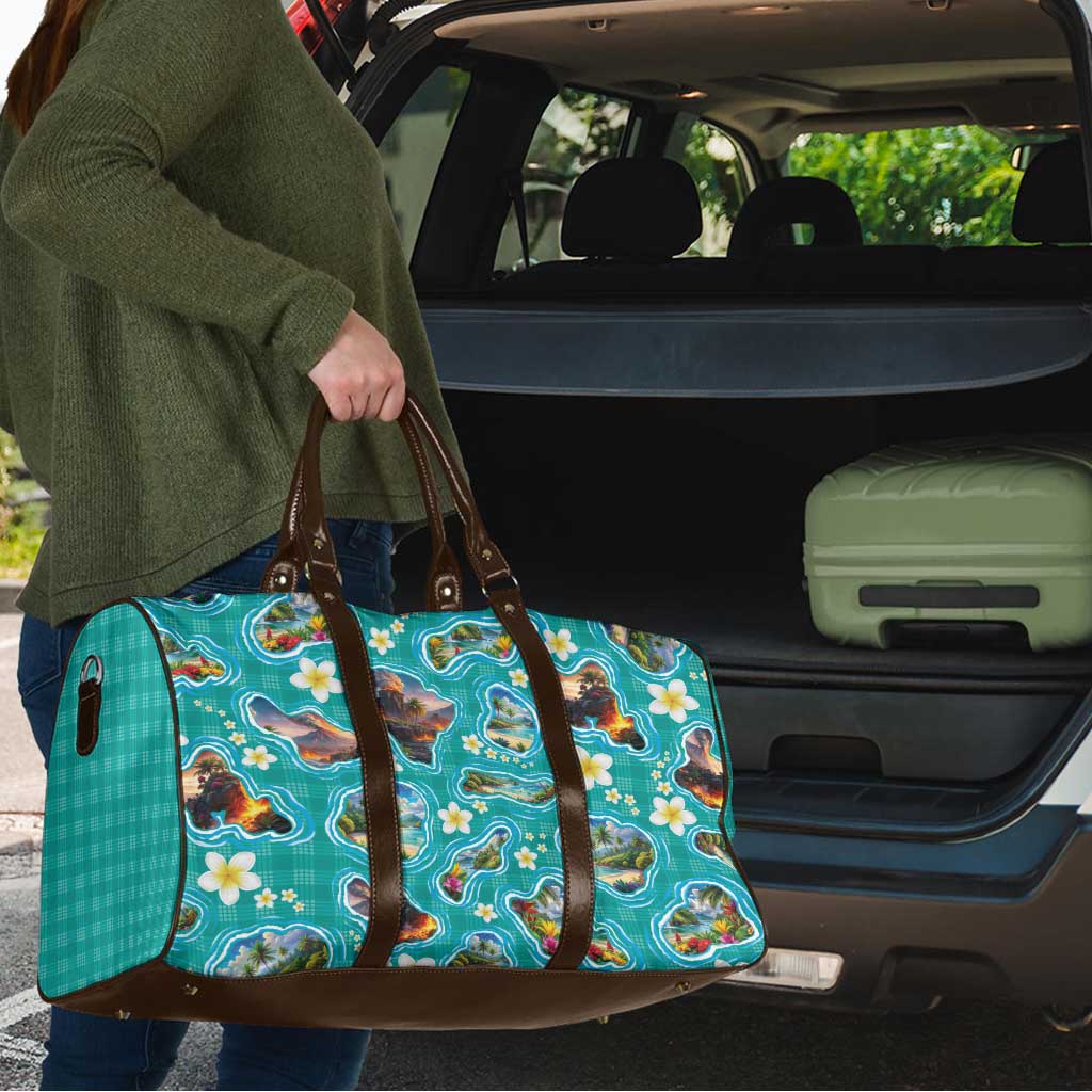 Hawaii Map with Plumeria Flower and Palaka Pattern Travel Bag Tropical Island Teal Design