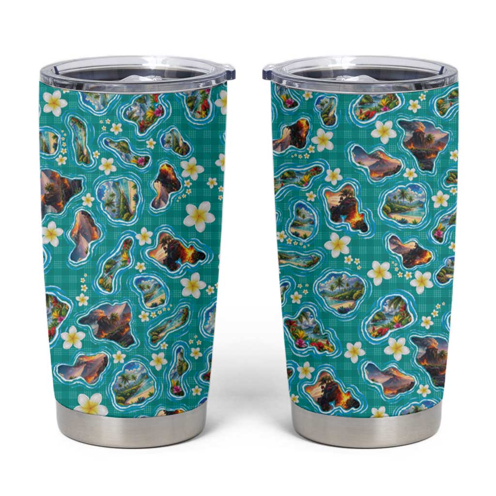 Hawaii Map with Plumeria Flower and Palaka Pattern Tumbler Cup Tropical Island Teal Design