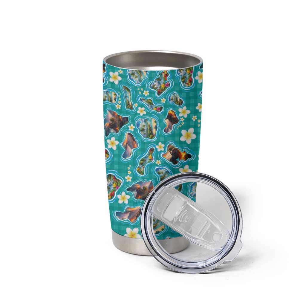 Hawaii Map with Plumeria Flower and Palaka Pattern Tumbler Cup Tropical Island Teal Design