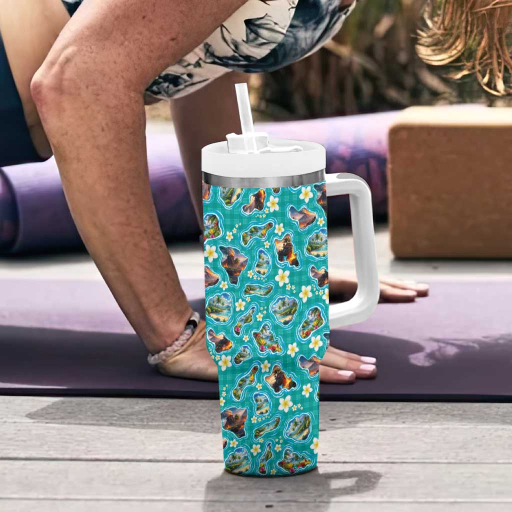 Hawaii Map with Plumeria Flower and Palaka Pattern Tumbler With Handle Tropical Island Teal Design