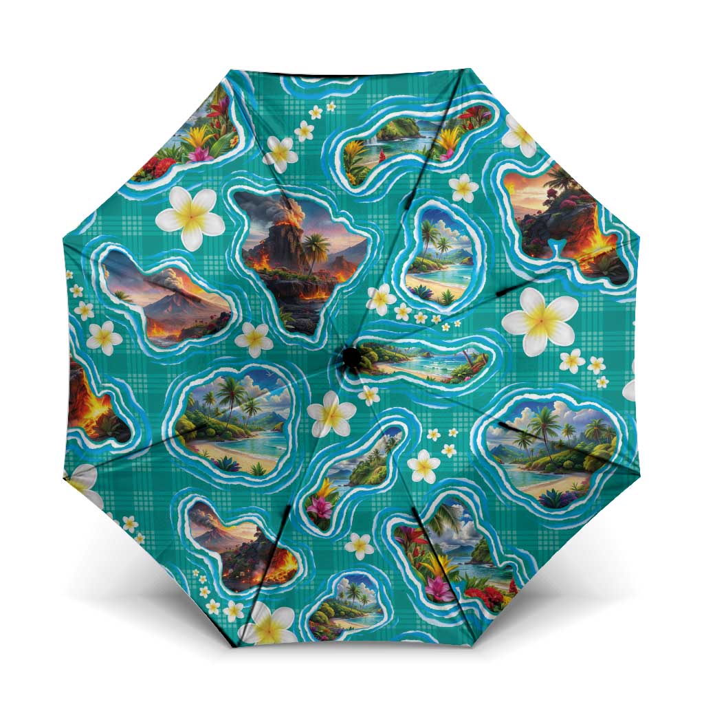 Hawaii Map with Plumeria Flower and Palaka Pattern Umbrella Tropical Island Teal Design