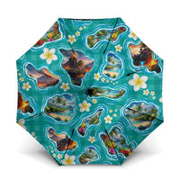 Hawaii Map with Plumeria Flower and Palaka Pattern Umbrella Tropical Island Teal Design