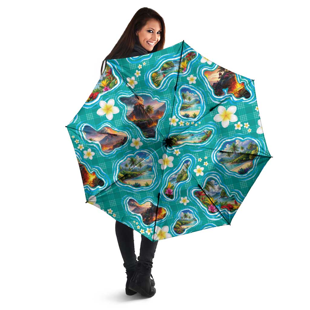 Hawaii Map with Plumeria Flower and Palaka Pattern Umbrella Tropical Island Teal Design