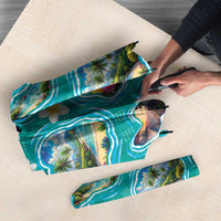 Hawaii Map with Plumeria Flower and Palaka Pattern Umbrella Tropical Island Teal Design