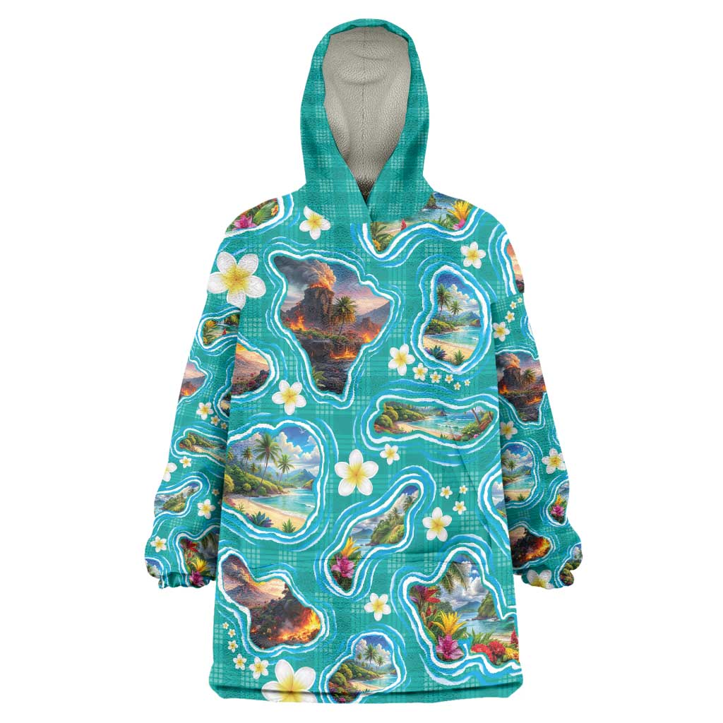 Hawaii Map with Plumeria Flower and Palaka Pattern Wearable Blanket Hoodie Tropical Island Teal Design