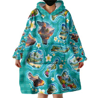 Hawaii Map with Plumeria Flower and Palaka Pattern Wearable Blanket Hoodie Tropical Island Teal Design