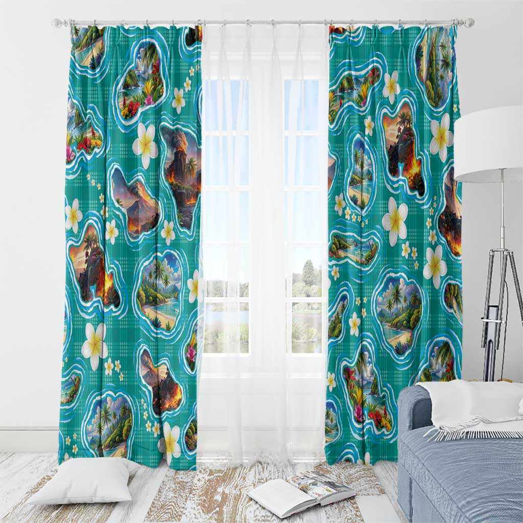 Hawaii Map with Plumeria Flower and Palaka Pattern Window Curtain Tropical Island Teal Design