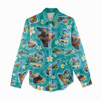 Hawaii Map with Plumeria Flower and Palaka Pattern Women Casual Shirt Tropical Island Teal Design