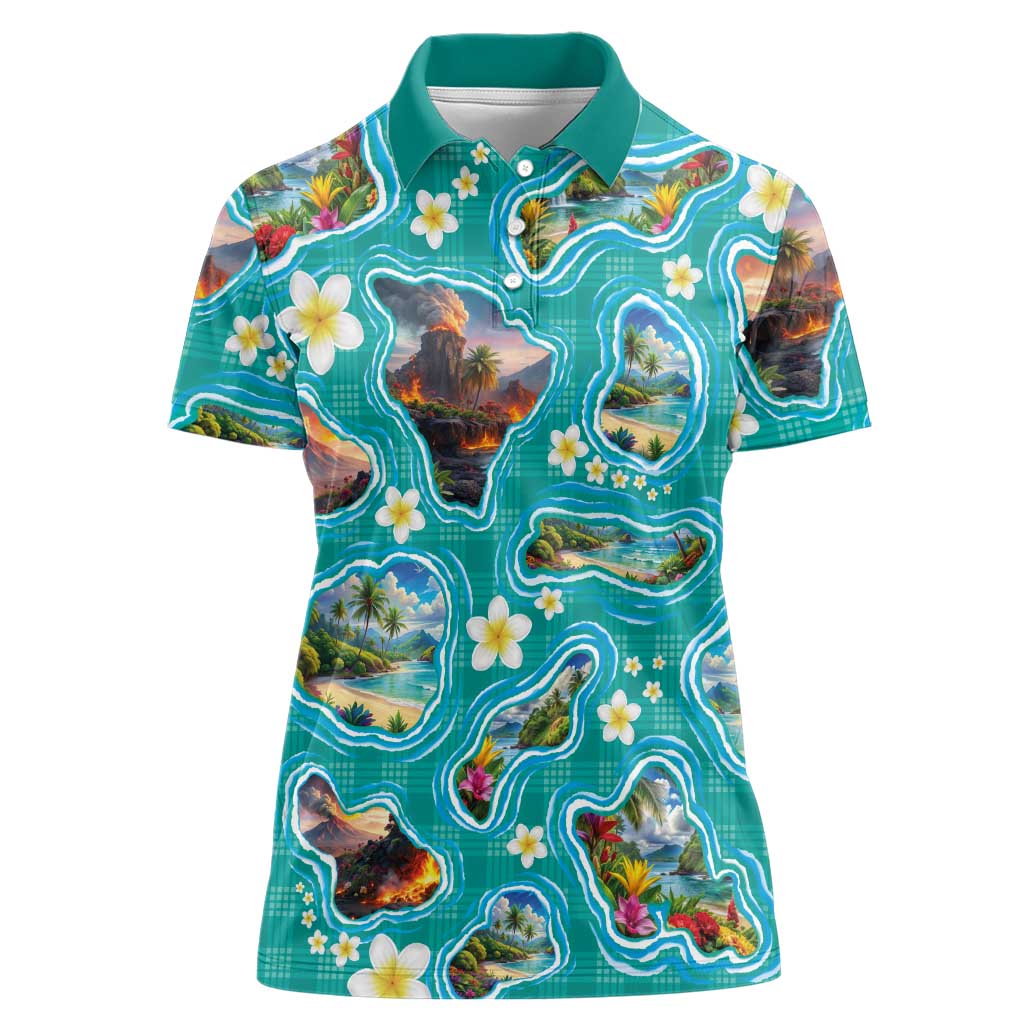 Hawaii Map with Plumeria Flower and Palaka Pattern Women Polo Shirt Tropical Island Teal Design