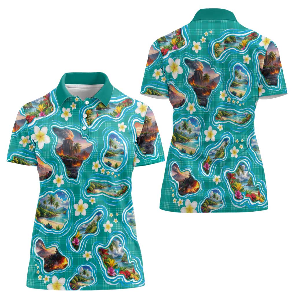 Hawaii Map with Plumeria Flower and Palaka Pattern Women Polo Shirt Tropical Island Teal Design