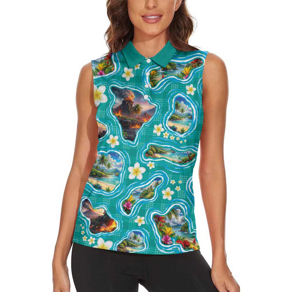 Hawaii Map with Plumeria Flower and Palaka Pattern Women Sleeveless Polo Shirt Tropical Island Teal Design