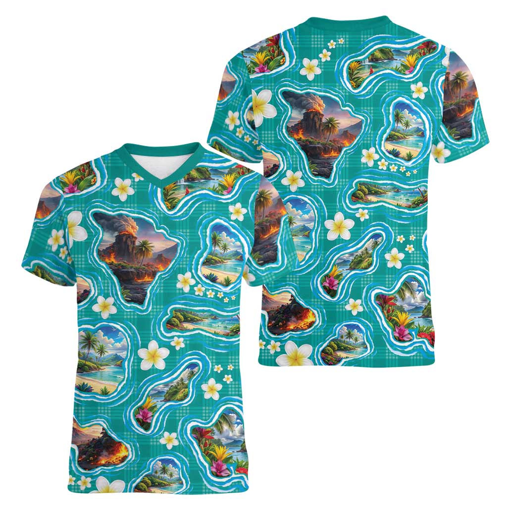 Hawaii Map with Plumeria Flower and Palaka Pattern Women V-Neck T-Shirt Tropical Island Teal Design