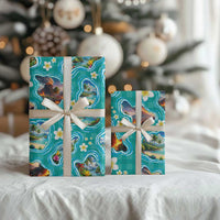 Hawaii Map with Plumeria Flower and Palaka Pattern Wrapping Paper Tropical Island Teal Design