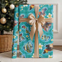Hawaii Map with Plumeria Flower and Palaka Pattern Wrapping Paper Tropical Island Teal Design