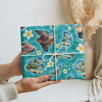 Hawaii Map with Plumeria Flower and Palaka Pattern Wrapping Paper Tropical Island Teal Design