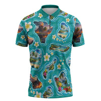Hawaii Map with Plumeria Flower and Palaka Pattern Zipper Polo Shirt Tropical Island Teal Design