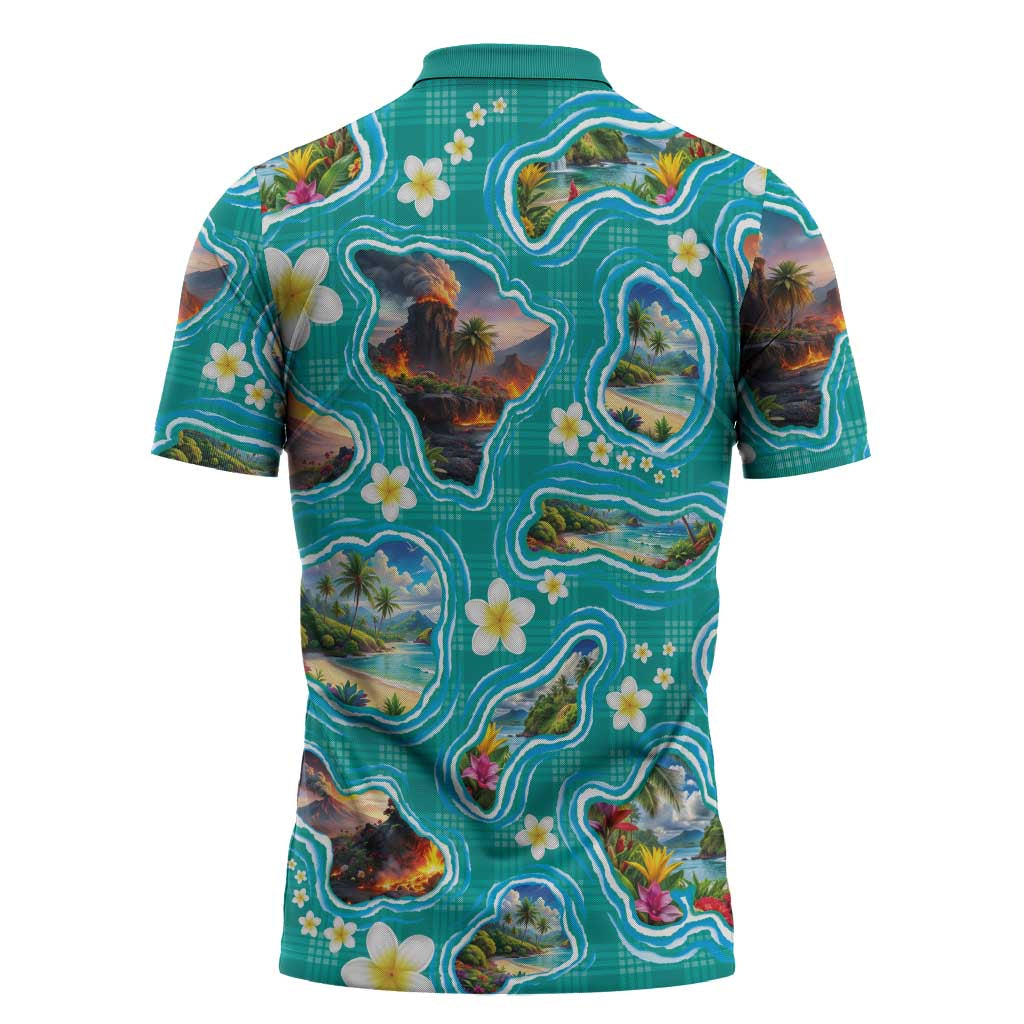 Hawaii Map with Plumeria Flower and Palaka Pattern Zipper Polo Shirt Tropical Island Teal Design