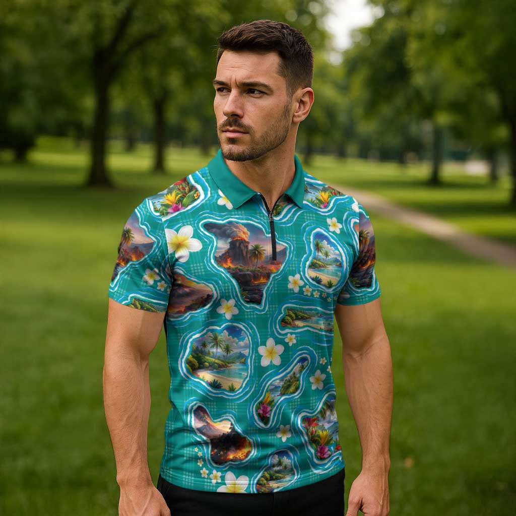 Hawaii Map with Plumeria Flower and Palaka Pattern Zipper Polo Shirt Tropical Island Teal Design