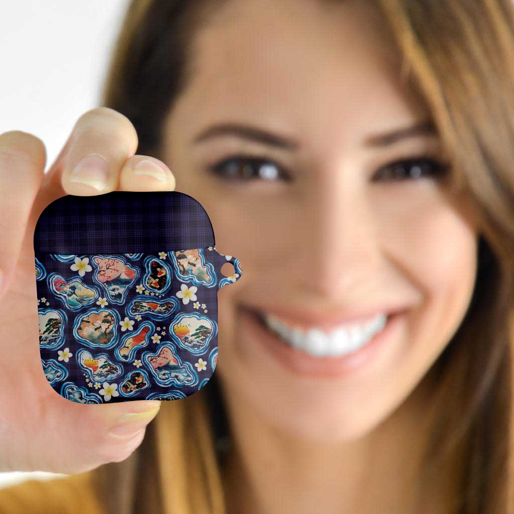 Hawaii Islands Map Design with Japanese Landscape AirPods Case Hawaiian Japan Fusion Art Navy Color