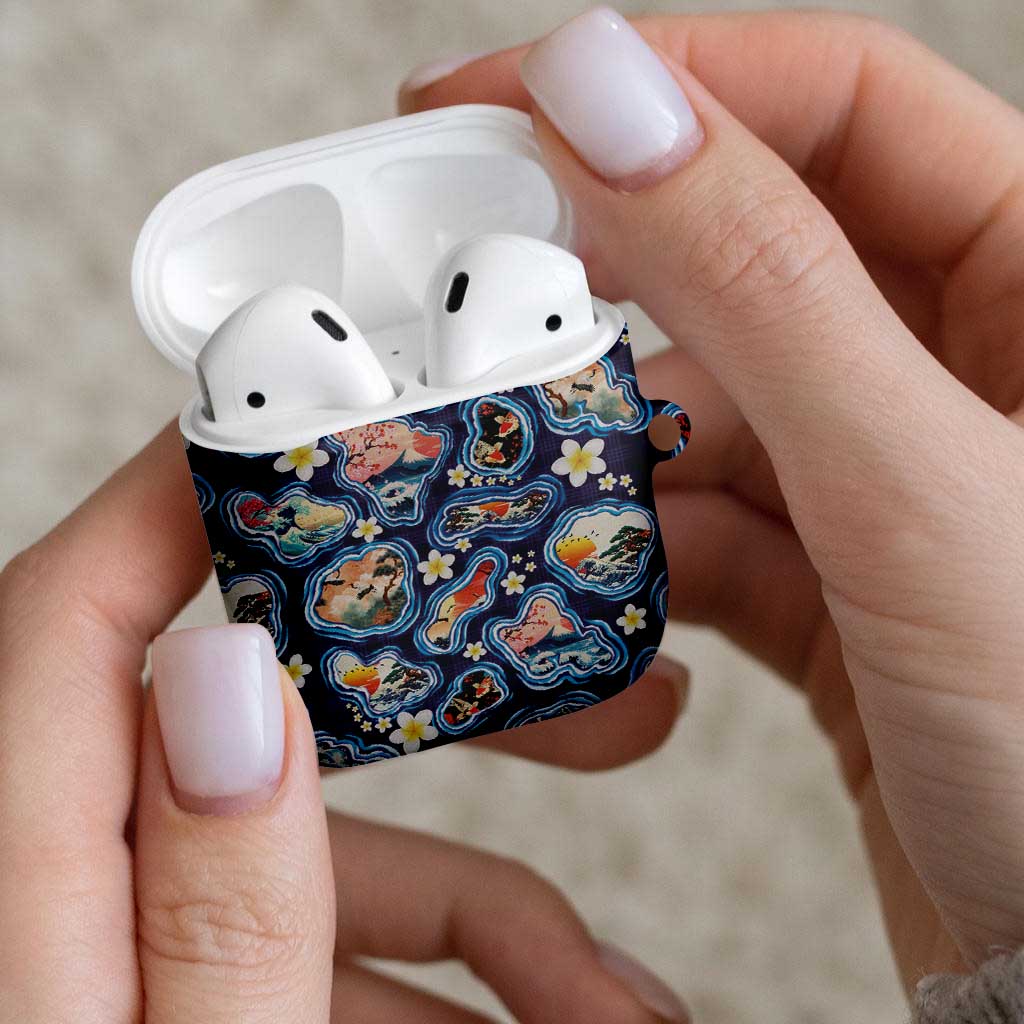 Hawaii Islands Map Design with Japanese Landscape AirPods Case Hawaiian Japan Fusion Art Navy Color