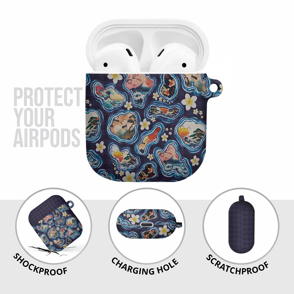 Hawaii Islands Map Design with Japanese Landscape AirPods Case Hawaiian Japan Fusion Art Navy Color