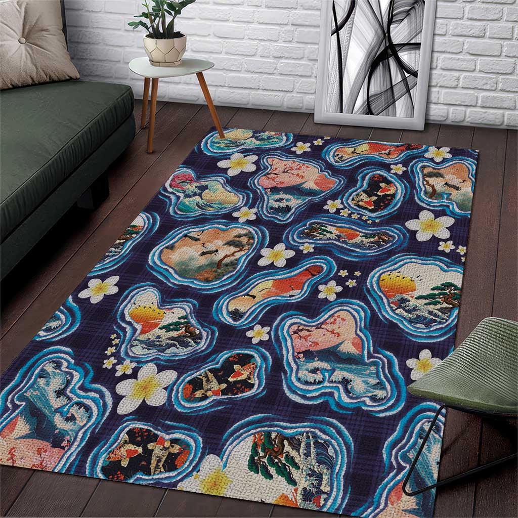 Hawaii Islands Map Design with Japanese Landscape Area Rug Hawaiian Japan Fusion Art Navy Color