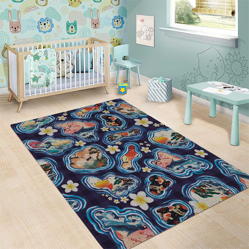Hawaii Islands Map Design with Japanese Landscape Area Rug Hawaiian Japan Fusion Art Navy Color