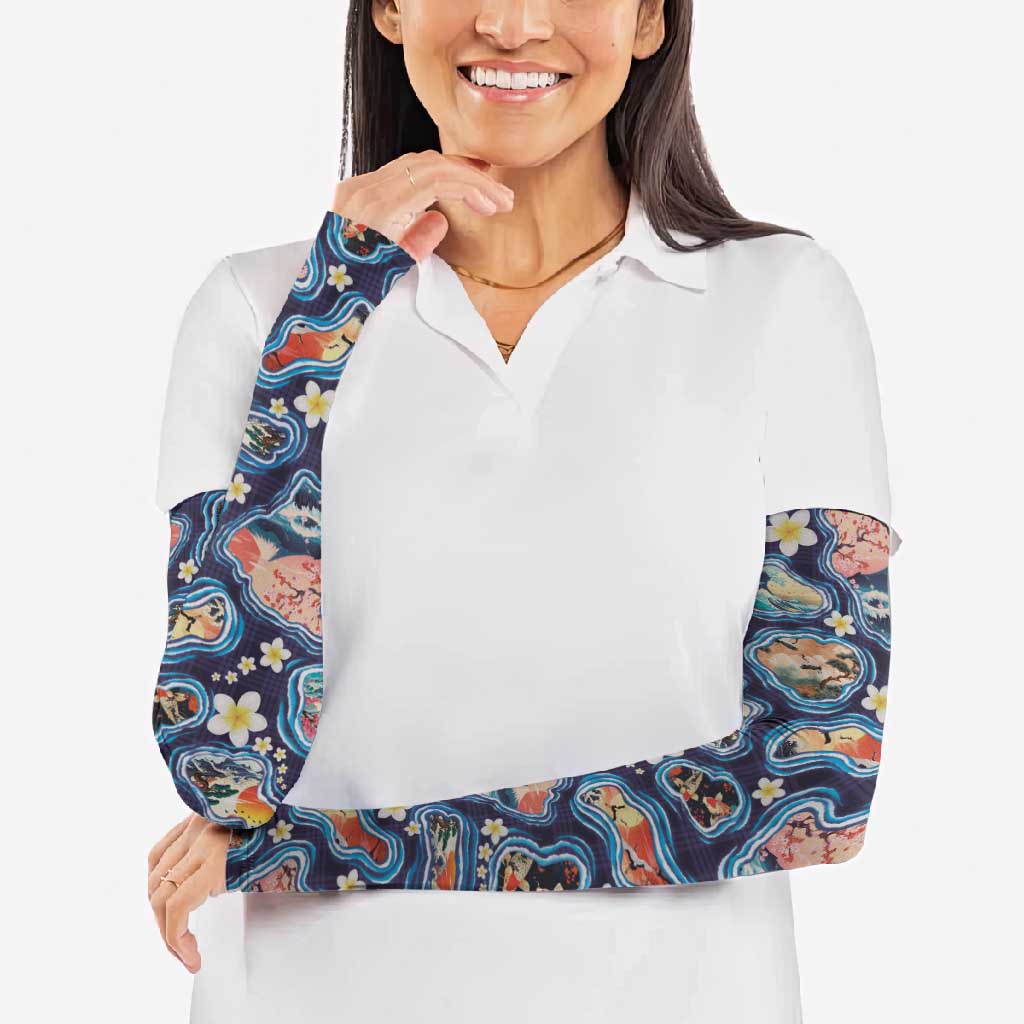 Hawaii Islands Map Design with Japanese Landscape Arm Sleeves Hawaiian Japan Fusion Art Navy Color